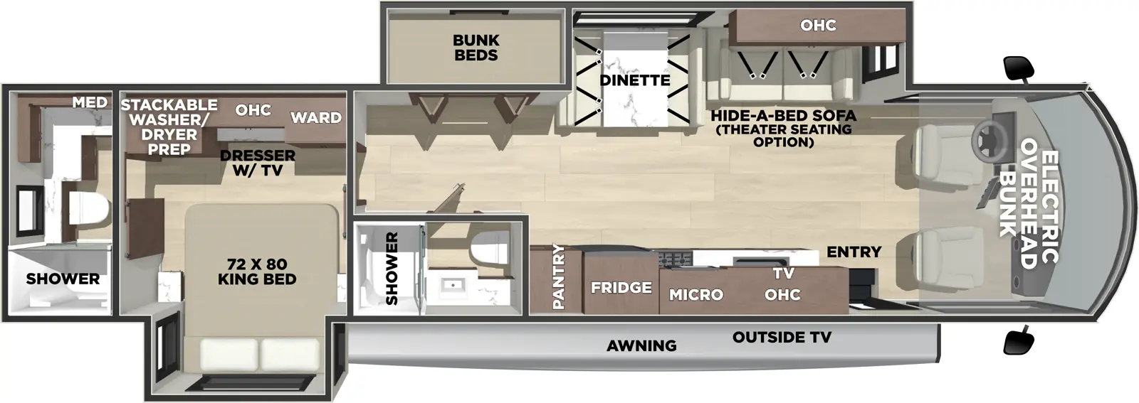 The Georgetown 5 Series GT5 36F5 floorplan has one entry and two slide outs. Exterior features include: 18' awning and outside entertainment. Interiors features include: bunk beds, rear bathroom, two full bathrooms, bunk over cab and dinette.